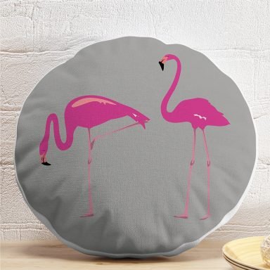 Gri Zemin Flamingo Desenli Dijital Baskılı Yuvarlak Yastık Kırlent Kılıfı