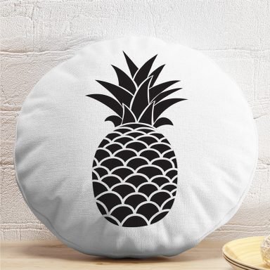 Siyah Beyaz Ananas Dijital Baskılı Dekoratif Yuvarlak Yastık Kırlent Kılıfı