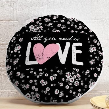 Beyaz Çiçekler Love Desenli Yuvarlak Yastık Kırlent Kılıfı