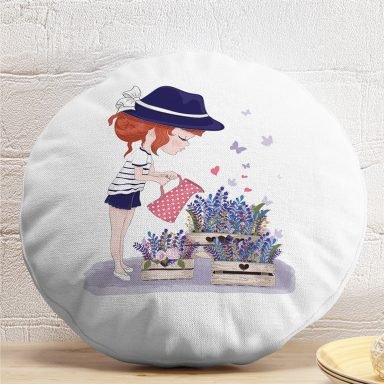 Kız Temalı Dijital Baskılı Dekoratif Yuvarlak Yastık Kırlent Kılıfı