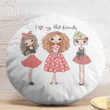 Best Friends Temalı Dijital Baskılı Modern Yuvarlak Yastık Kırlent Kılıfı