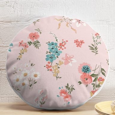 Pembe Zeminli Çiçek Desenli Modern Yuvarlak Yastık Kırlent Kılıfı