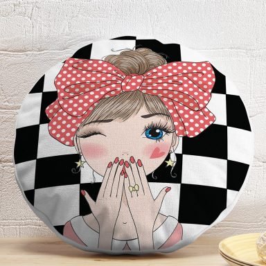 Damalı Fashion Girl Dijital Baskılı Modern Yuvarlak Yastık Kılıfı