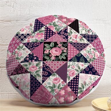 Mürdüm Renk Patchwork Desenli Dekoratif Yuvarlak Yastık Kırlent Kılıfı