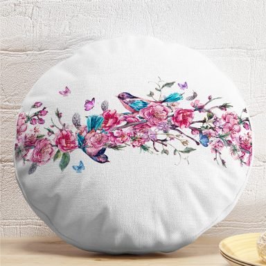 Sarmaşık Gül Desenli Kuş Motifli Dijital Baskılı Yuvarlak Yastık Kırlent Kılıfı