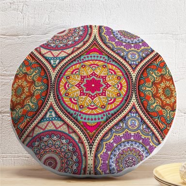 Sarmal Daire Desenli Çini Motifli Dijital Baskılı Yuvarlak Yastık Kırlent Kılıfı