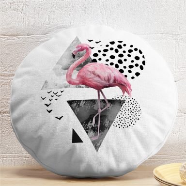 Martı Desenli Flamingo Temalı Dijital Baskılı Yuvarlak Yastık Kırlent Kılıfı