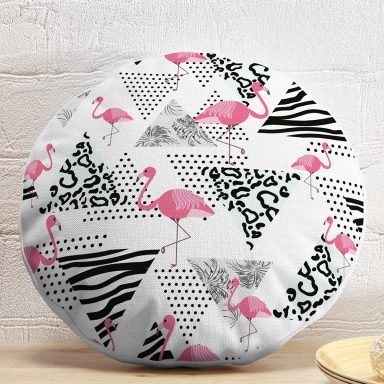Puanlı Temalı Flamingo Desenli Dijital Baskılı Yuvarlak Yastık Kırlent Kılıfı
