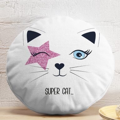 Süper Cat Motifli Modern Dijital Baskılı Yuvarlak Yastık Kılıfı