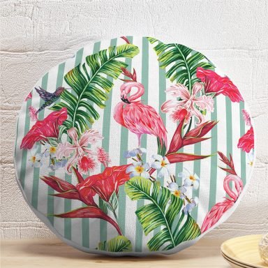 Flamingo Motifli Şerit Desenli Dekoratif Yuvarlak Yastık Kırlent Kılıfı