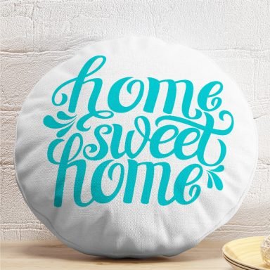 Turkuaz Home Sweet Home Dijital Baskılı Yuvarlak Yastık Kırlent Kılıfı