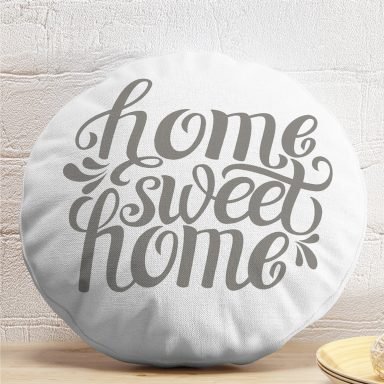 Gri Home Sweet Home Modern Dijital Baskılı Yuvarlak Yastık Kırlent Kılıfı