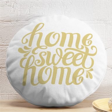 Hardal Renk Home Sweet Home Dijital Baskılı Yuvarlak Yastık Kırlent Kılıfı
