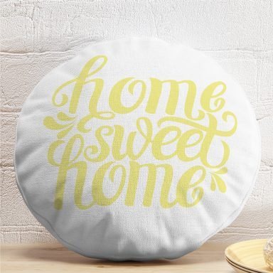 Sarı Home Sweet Home Dekoratif Yuvarlak Yastık Kırlent Kılıfı