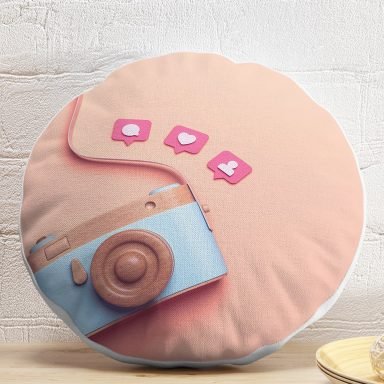 3D Instagram Fotoğraf Makinası Desenli Dijital Baskılı Yuvarlak Yastık Kırlent Kılıfı