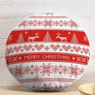 Merry Christmas Kanaviçe Görünümlü Geyikler Dijital Baskılı Yuvarlak Yastık Kırlent Kılıfı