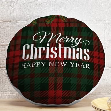 Ekose Zeminde Merry Christmas Dijital Baskılı Dekoratif Yuvarlak Yastık Kırlent Kılıfı