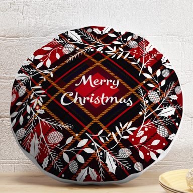 Ekose Merry Christmas Desenli Dijital Baskılı Yuvarlak Yastık Kırlent Kılıfı