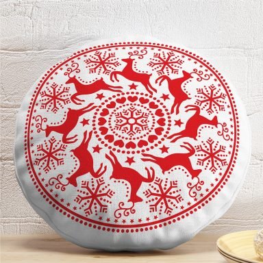 Geometrik Yılbaşı Geyikleri Dijital Baskılı Yuvarlak Yastık Kırlent Kılıfı