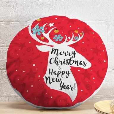 Merry Christmas Geyik Desenli Dekoratif Yuvarlak Yastık Kırlent Kılıfı