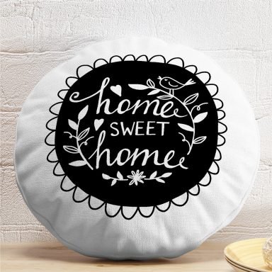 Home Sweet Home Yazılı Özel Tasarımlı Dijital Baskılı Modern Yuvarlak Yastık Kırlent Kılıfı