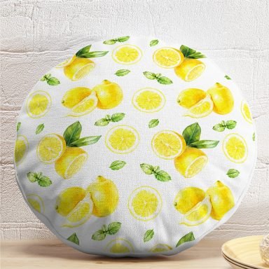 Beyaz Zeminde Limonlar Desenli Dijital Baskılı Yuvarlak Yastık Kırlent Kılıfı