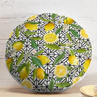 Geometrik ve Limon Desenli 3D Dijital Baskılı Yuvarlak Yastık Kırlent Kılıfı