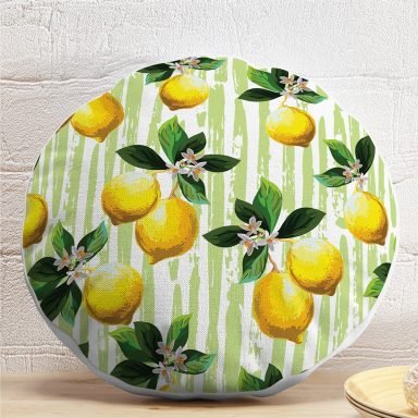 Yeşil Zeminli 3 Boyutlu Limon Desenli Dijital Baskılı Yuvarlak Yastık Kırlent Kılıfı