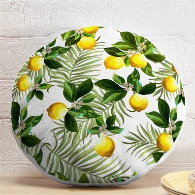 Limon Yaprakları Desenli Dijital Baskılı Yuvarlak Yastık Kırlent Kılıfı