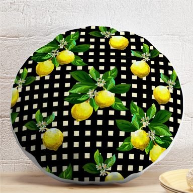 Siyah Zeminde Ekose Desenli Limon Dijital Baskılı Dekoratif Yuvarlak Yastık Kılıfı