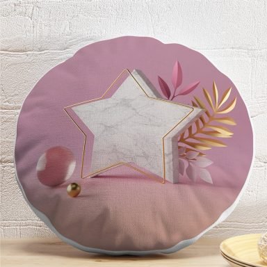 Modern Pembe Zeminli 3D Yıldız Desenli Dekoratif Yuvarlak Yastık Kırlent Kılıfı