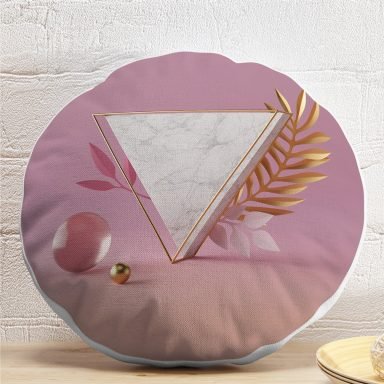 Pembe Zeminli Üçgen Mermer Motifli Modern Yuvarlak Yastık Kırlent Kılıfı