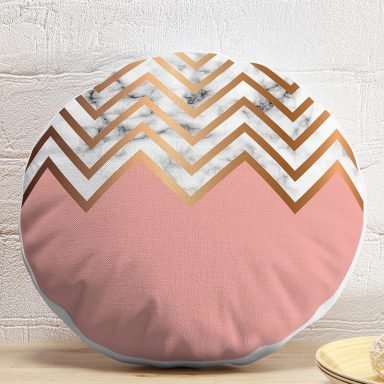 Gold ve Pembe Renkli Mermer Desenli Modern Yuvarlak Yastık Kırlent Kılıfı