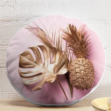 3D Yaprak ve Ananas Desenli Özel Tasarım Yuvarlak Yastık Kırlent Kılıfı