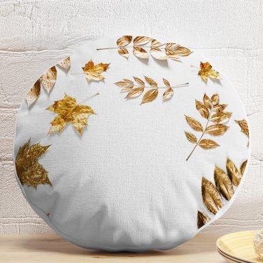 3D Altın Renkli Yapraklar Desenli Dekoratif Yuvarlak Yastık Kırlent Kılıfı