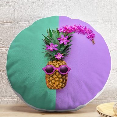 Yeşil ve Mor Ananas Temalı Özel Tasarım Yuvarlak Yastık Kırlent Kılıfı