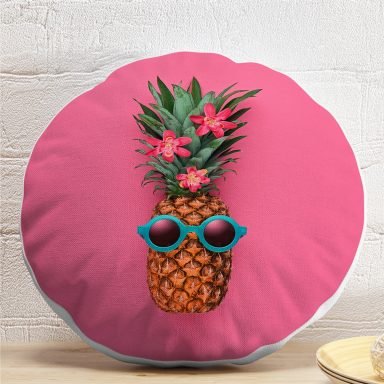Fuşya Zeminli Ananas Desenli Modern Yuvarlak Yastık Kırlent Kılıfı