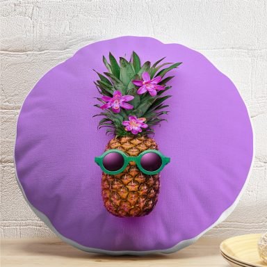 Mor Zeminde Ananas Desenli Modern Yuvarlak Yastık Kırlent Kılıfı
