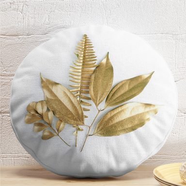 3D Altın Görünümlü Yapraklar Desenli Modern Yuvarlak Yastık Kırlent Kılıfı