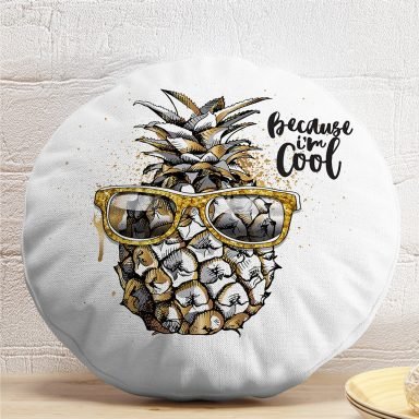 Beyaz Zeminde 3D Ananas Özel Tasarımlı Yuvarlak Yastık Kırlent Kılıfı