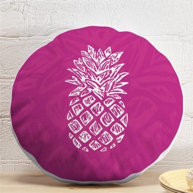 Fuşya Zeminde Ananas Desenli Modern Tasarım Yuvarlak Yastık Kırlent Kılıfı