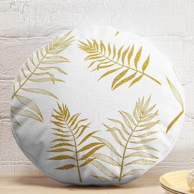 Altın Detaylı 3D Yaprak Desenli Modern Yuvarlak Yastık Kırlent Kılıfı