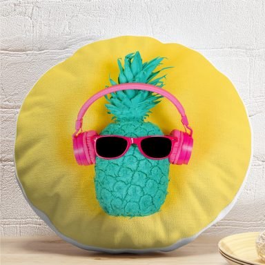 Sarı Zeminli Ananas Detaylı Modern Yuvarlak Yastık Kırlent Kılıfı