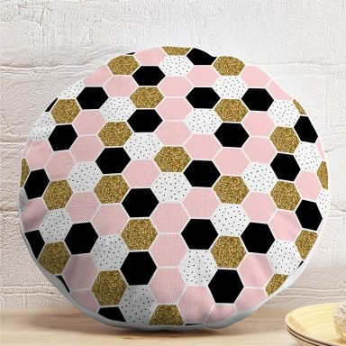 Geometrik Petek Desenli Altın Detaylı Modern Yuvarlak Yastık Kırlent Kılıfı