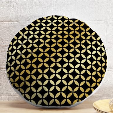 Siyah Zeminde Gold Geometrik Desenli Dekoratif Yuvarlak Yastık Kırlent Kılıfı