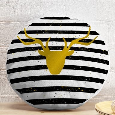 Çizgili Gold Geyik Desenli Modern Yuvarlak Yastık Kırlent Kılıfı