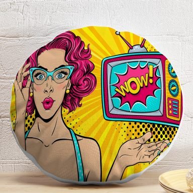 Pop Art Wow Desenli Özel Tasarım Dekoratif Yuvarlak Yastık Kırlent Kılıfı