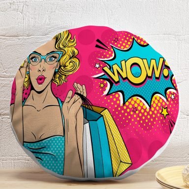 Pembe Pop Art Wow Tasarımlı Dekoratif Yuvarlak Yastık Kırlent Kılıfı