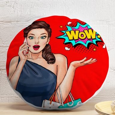 Kırmızı Zeminli Popart Wow Desenli Modern Yuvarlak Yastık Kırlent Kılıfı