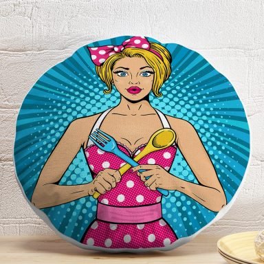 Mavi Zemini Popart Girl Desenli Dekoratif Yuvarlak Yastık Kırlent Kılıfı